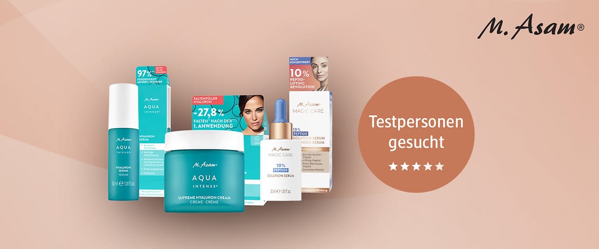 Bubble „Testpersonen gesucht“ mit Supreme Hyaluron Cream Aqua Intense, Hyaluron Serum Aqua Intense und MAGIC CARE 10 % Peptide Solution Serum von M. Asam