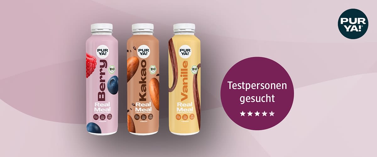Bubble „Testpersonen gesucht“ mit PURYA! Trinkmahlzeit Real Meal in den Geschmacksrichtungen Kakao, Vanille und Berry