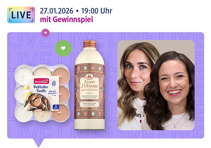 Live am 27.01.2026, 19:00 Uhr: Die Moderatorinnen Marie und Lena lächeln in die Kamera, daneben Profissimo Duftlichter Vanille und Tesori d'Oriente Pflegebad Byzantium und Hinweis auf ein Gewinnspiel