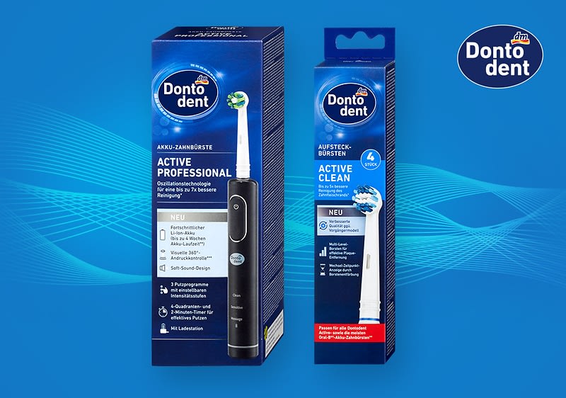 Verpackung einer elektrischen Zahnbürste und einer Ersatzbürste der Marke Dontodent, beide in Blau gehalten mit Produktinformationen und Abbildungen der Zahnbürste und Bürstenkopf