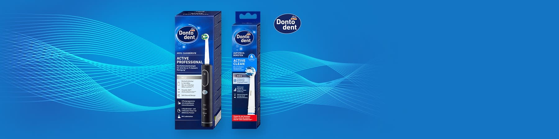 Verpackung einer elektrischen Zahnbürste und einer Ersatzbürste der Marke Dontodent, beide in Blau gehalten mit Produktinformationen und Abbildungen der Zahnbürste und Bürstenkopf