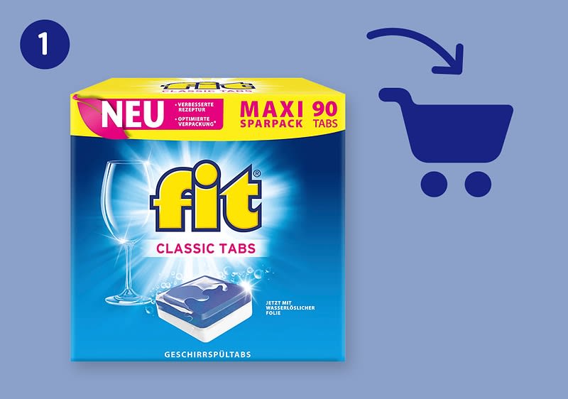 fit Spülmaschinen-Tabs zeigen auf Einkaufswagen-Symbol.