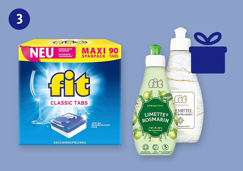 fit Spülmaschinen-Tabs, daneben ein fit Spülmittel mit Geschenksymbol
