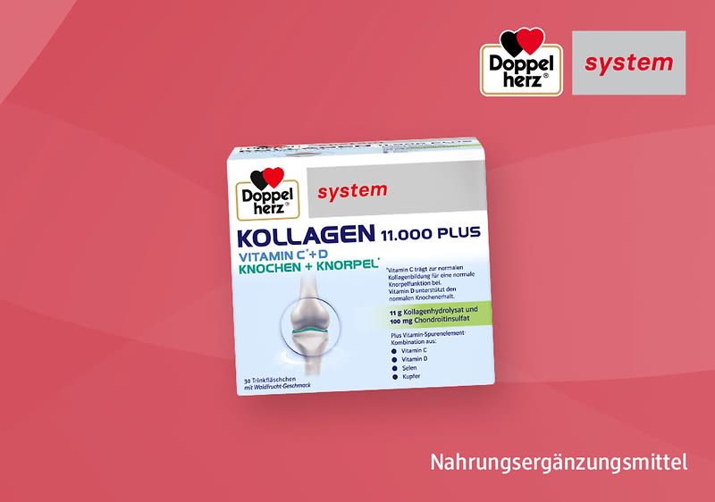 Verpackung des Nahrungsergänzungsmittels Doppelherz System Kollagen 11.000 Plus mit Vitamin C und D, Knochen und Knorpel. Auf der Verpackung sind ein Gelenk und der Schriftzug „Nahrungsergänzungsmittel“ abgebildet. Oben rechts das Doppelherz-Logo.