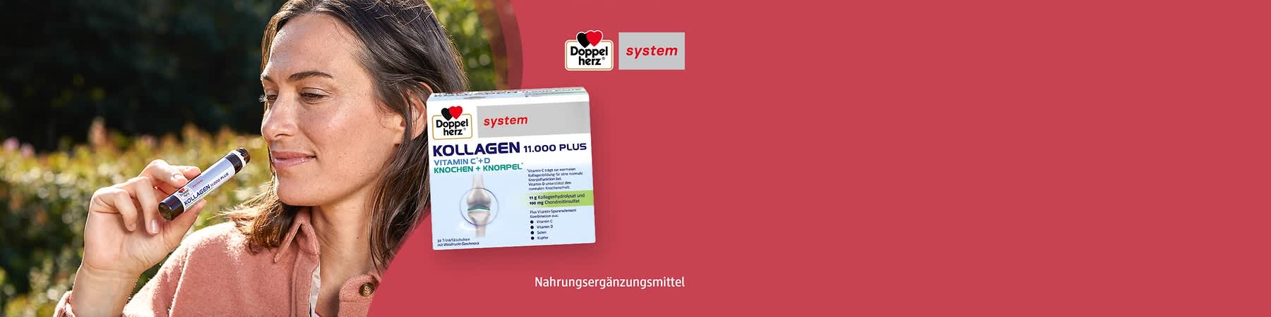 Verpackung des Nahrungsergänzungsmittels Doppelherz System Kollagen 11.000 Plus mit Vitamin C und D, Knochen und Knorpel. Auf der Verpackung sind ein Gelenk und der Schriftzug „Nahrungsergänzungsmittel“ abgebildet. Oben rechts das Doppelherz-Logo.