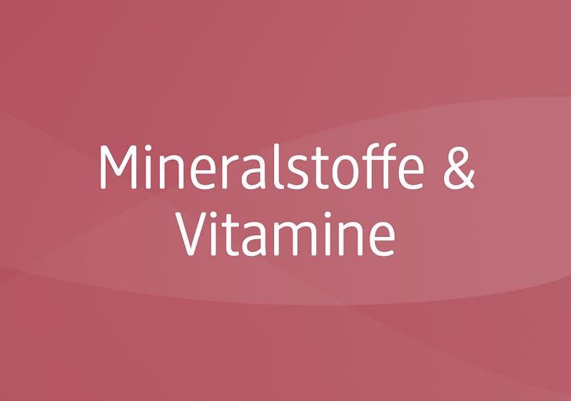 Roter Hintergrund mit weißem Text: „Mineralstoffe & Vitamine“