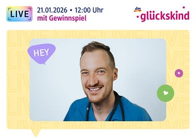 Live am 21.01.2026, 12:00 Uhr: Dr. Konstantin Wagner lächelt in die Kamera, darüber das glückskind Logo