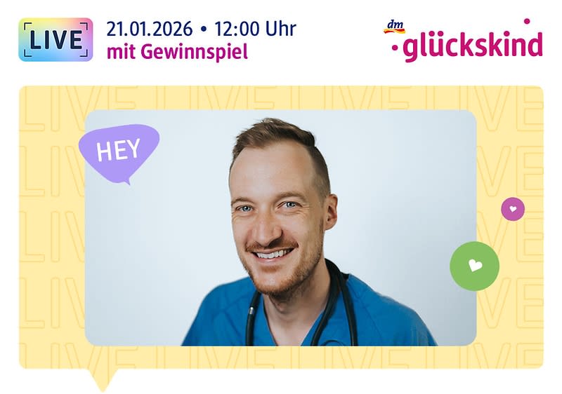 Live am 21.01.2026, 12:00 Uhr: Dr. Konstantin Wagner lächelt in die Kamera, darüber das glückskind Logo