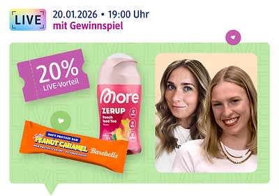 Live am 20.01.2026, 19:00 Uhr: Die Moderatorinnen Marie und Hannah lächeln in die Kamera, daneben Produkte von More Nutrition und von Barebells, sowie 20 % Coupon und Hinweis auf ein Gewinnspiel