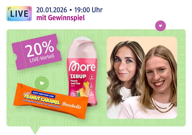 Live am 20.01.2026, 19:00 Uhr: Die Moderatorinnen Marie und Hannah lächeln in die Kamera, daneben Produkte von More Nutrition und von Barebells, sowie 20 % Coupon und Hinweis auf ein Gewinnspiel
