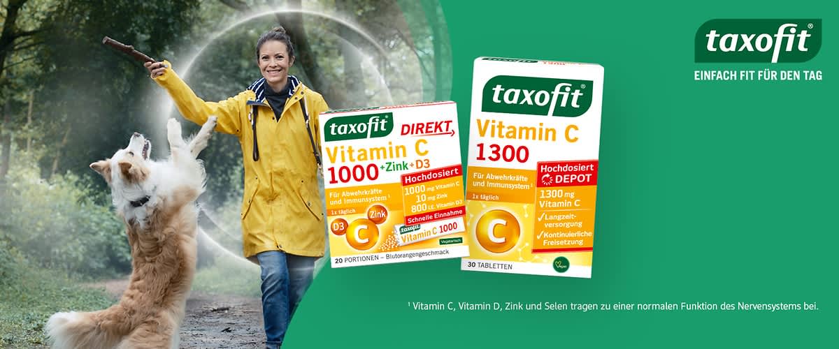 Eine Person im gelben Regenmantel spielt mit einem springenden Hund, der nach einem Stock greift. Links das Logo von Taxofit mit dem Slogan „Einfach fit für den Tag“. Fußnote: Vitamin C, Vitamin D, Zink und Selen tragen zu einer normalen Funktion des Immunsystems bei.