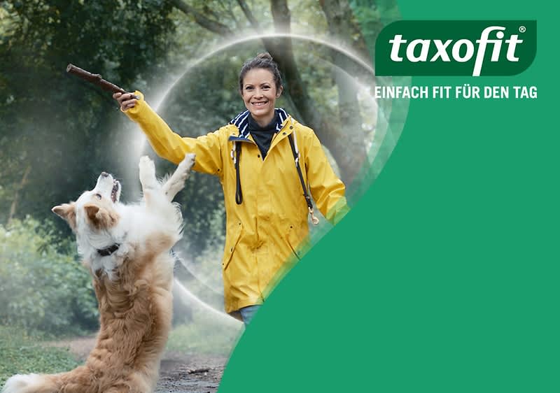 Ein Hund springt freudig nach einem Stock, den eine Person in gelber Jacke hält. Links oben das Logo von Taxofit mit dem Slogan „Einfach fit für den Tag“.