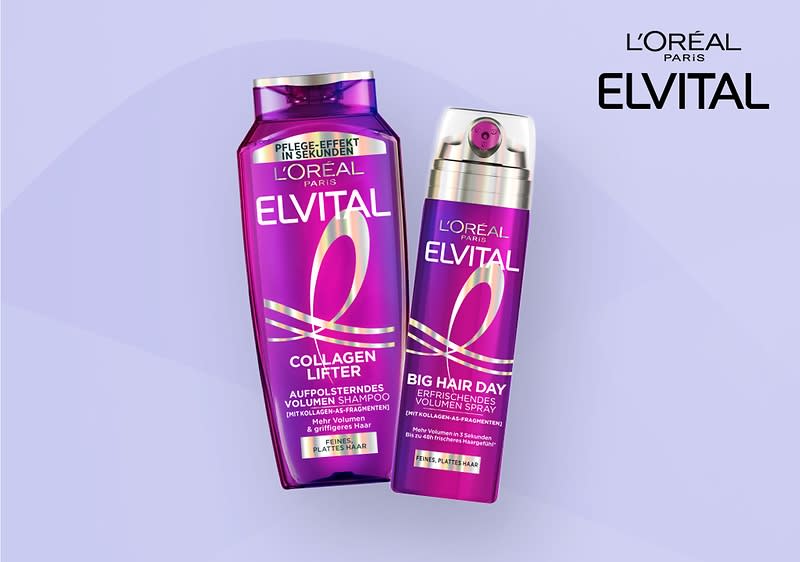 Zwei lila Flaschen der Marke L'Oréal Elvital, links ein Shampoo mit der Aufschrift „Collagen Lifter“ und rechts ein Spray mit der Aufschrift „Big Hair Day“