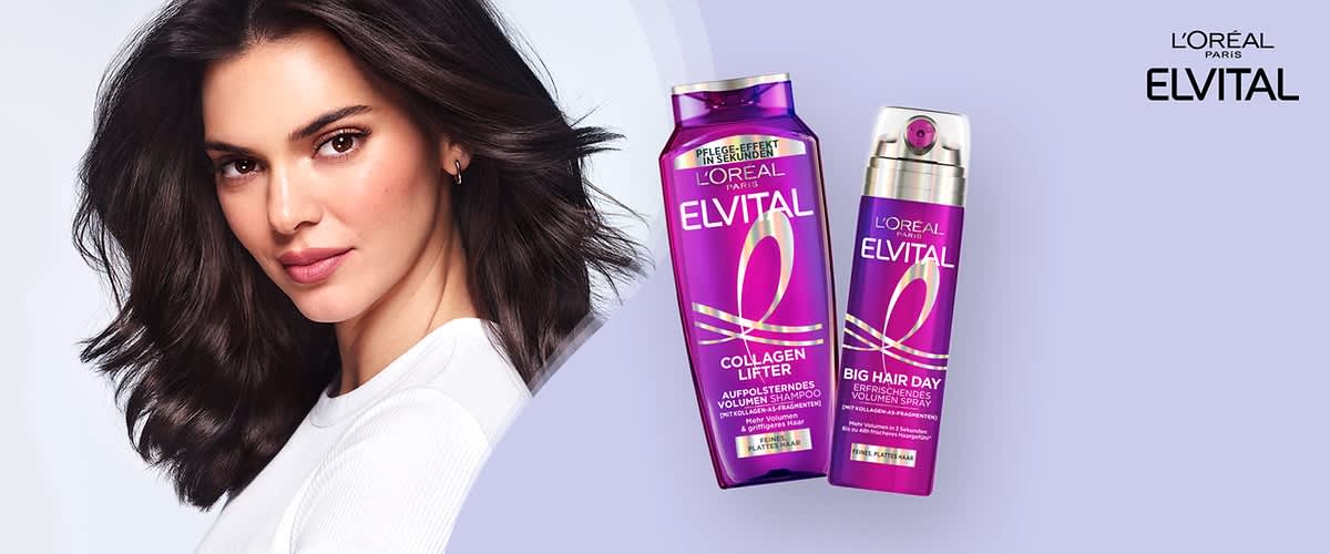 Zwei lila Flaschen der Marke L'Oréal Elvital, links ein Shampoo mit der Aufschrift „Collagen Lifter“ und rechts ein Spray mit der Aufschrift „Big Hair Day“