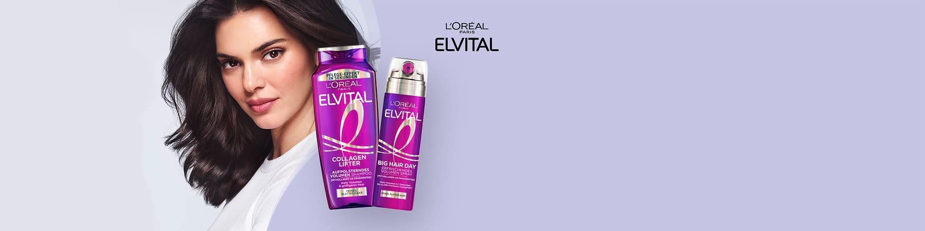 Eine lila Shampoo-Flasche und ein lila Spray von L'Oréal Paris Elvital mit der Aufschrift „Collagen Lifter“ und „Big Hair Day“ auf einem hellen Hintergrund