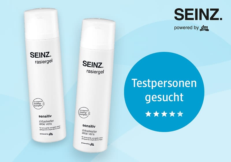 Zwei weiße Flaschen Rasiergel der Marke SEINZ mit der Aufschrift „sensitiv zitrusfechter aloe vera“ auf einem blauen Hintergrund. Rechts ein Kreis mit dem Text „Testpersonen gesucht“ und fünf Sternen darunter