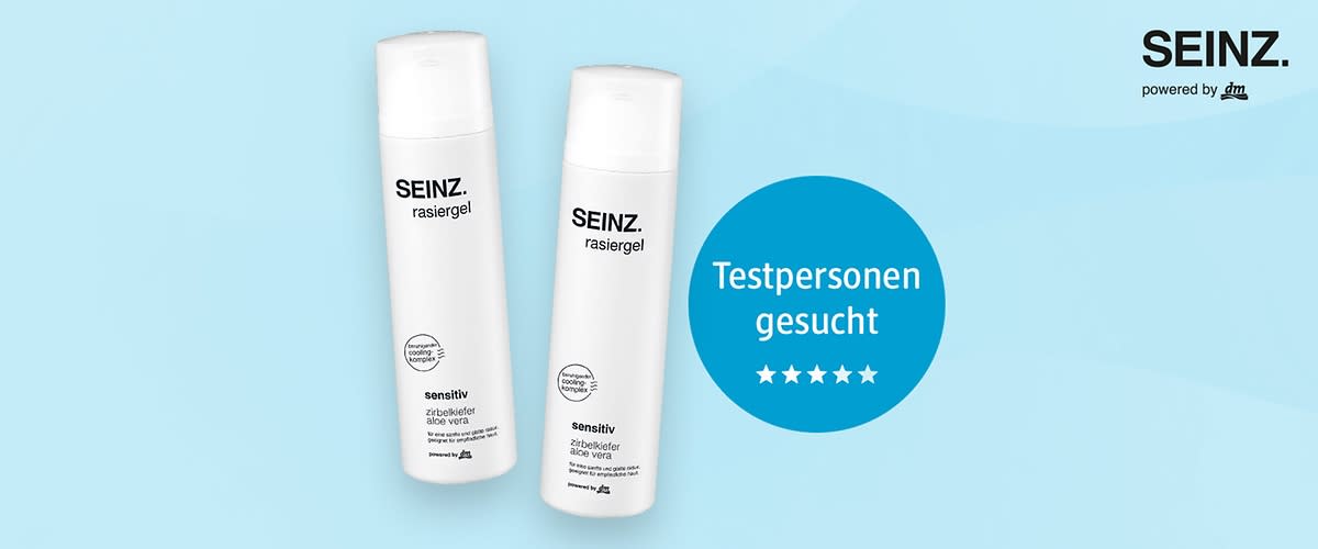 Zwei weiße Flaschen Rasiergel der Marke SEINZ mit der Aufschrift „sensitiv zitrusfechter aloe vera“ auf einem blauen Hintergrund. Rechts ein Kreis mit dem Text „Testpersonen gesucht“ und fünf Sternen darunter