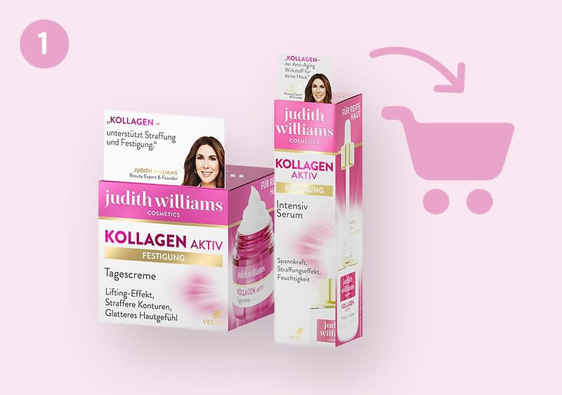 Produktverpackungen von Judith Williams Cosmetics mit der Aufschrift „Kollagen Aktiv Festigung“. Zu sehen sind eine Tagescreme und ein Intensiv-Serum in rosa und weißem Design. Ein Einkaufswagen-Symbol ist rechts im Bild.