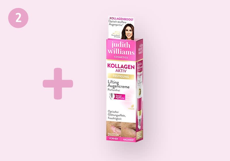 Produktverpackung einer Lifting Augencreme von Judith Williams Cosmetics mit pinkem Design und der Aufschrift „Kollagen Aktiv Festigung“. Oben rechts ist ein Bild einer Frau abgebildet.