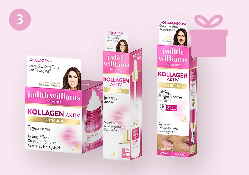Drei Produktverpackungen der Marke Judith Williams Cosmetics mit der Aufschrift „Kollagen Aktiv Festigung“. Links eine geöffnete Verpackung mit Tagescreme, in der Mitte ein Intensiv Serum, rechts eine Lifting Augencreme. Alle Verpackungen sind in Rosa und Weiß gestaltet.