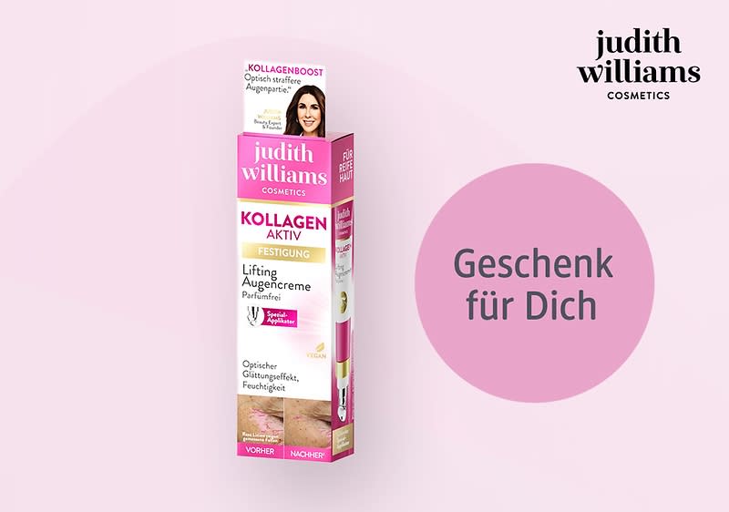 Eine Produktverpackung von Judith Williams Cosmetics mit der Aufschrift „Kollagen Aktiv Festigung Lifting Augencreme“ und einem Bild einer Frau. Daneben ein rosa Kreis mit dem Text „Geschenk für Dich“