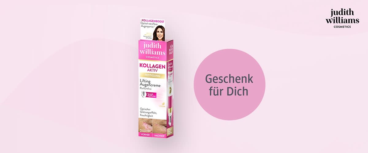 Eine Produktverpackung von Judith Williams Cosmetics mit der Aufschrift „Kollagen Aktiv Festigung Lifting Augencreme“ und einem Bild einer Frau. Daneben ein rosa Kreis mit dem Text „Geschenk für Dich“