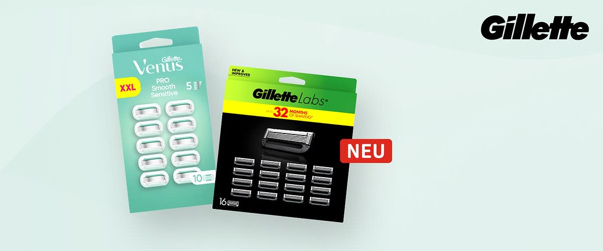 Zwei Produktverpackungen von Gillette. Links eine türkisfarbene Verpackung der Marke Venus mit zehn Rasierklingen, rechts eine schwarze Verpackung der Marke Gillette Labs mit sechzehn Rasierklingen und einem roten „NEU“-Label.
