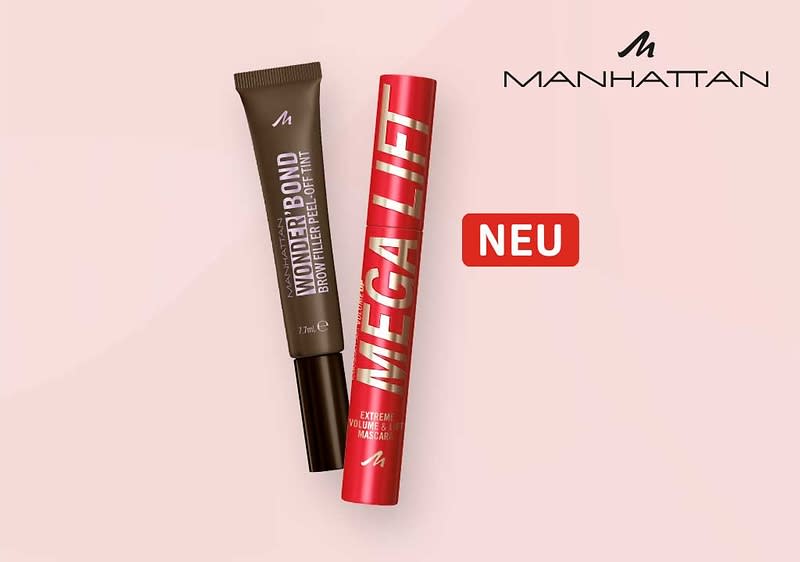 Eine braune Tube mit der Aufschrift „Wonder’Bond“ und eine rote Tube mit der Aufschrift „Mega Lift“ auf rosa Hintergrund, daneben das Manhattan-Logo und ein rotes Rechteck mit der Aufschrift „NEU“