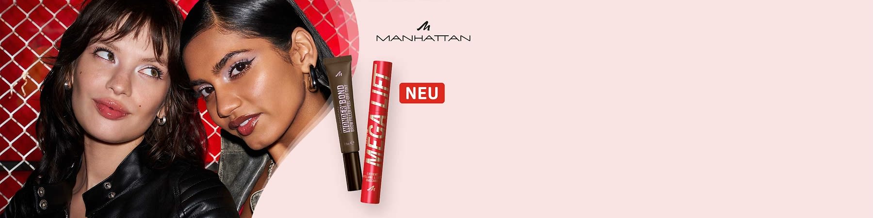 Eine braune Tube mit der Aufschrift „Wonder’Bond“ und eine rote Tube mit der Aufschrift „Mega Lift“ auf rosa Hintergrund, daneben das Manhattan-Logo und ein rotes Rechteck mit der Aufschrift „NEU“