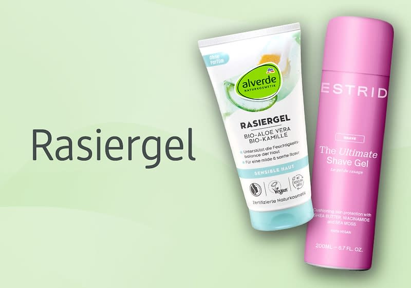 Eine Tube Alverde Rasiergel neben einer pinken Flasche Estrid The Ultimate Shave Gel