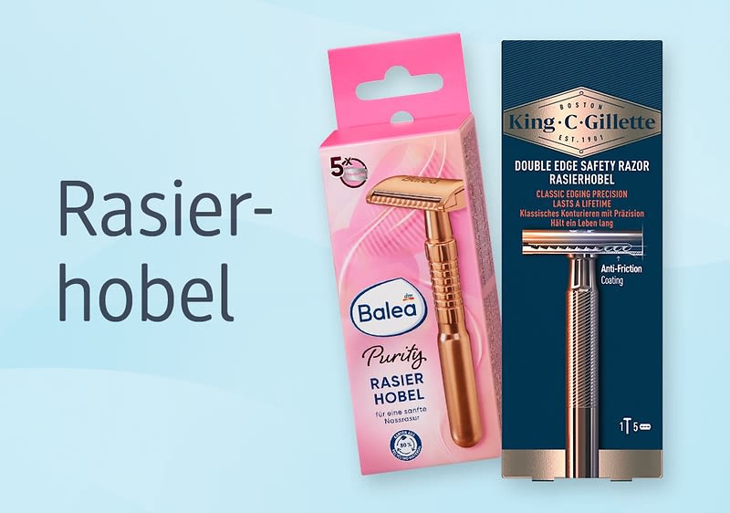 Eine Produktverpackung zeigt links einen rosafarbenen Rasierhobel von Balea Purity, rechts eine dunkelblaue Verpackung von King C. Gillette mit einem Double Edge Safety Razor. Daneben der Schriftzug Rasierhobel.