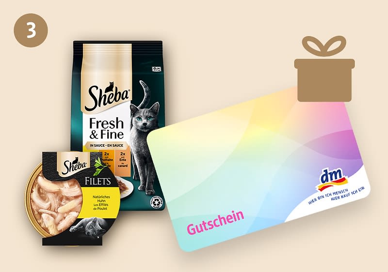 Geschenk-Symbol dm-Gutscheinen, daneben verschiedene Produkte von Sheba.