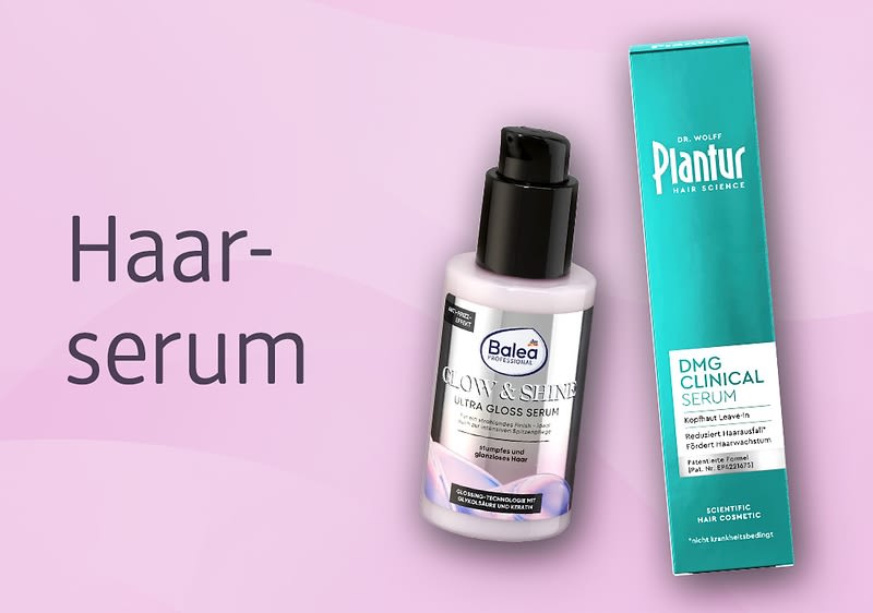 Eine Flasche Balea Ultra Gloss Serum neben einer Packung Plantur DMG Clinical Serum, beide vor einem rosa Hintergrund mit dem Schriftzug „Haarserum“