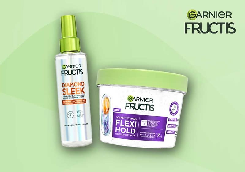 Eine Garnier Fructis Produktcollage mit einem Diamond Sleek Spray und einem Flexi Hold Gel.