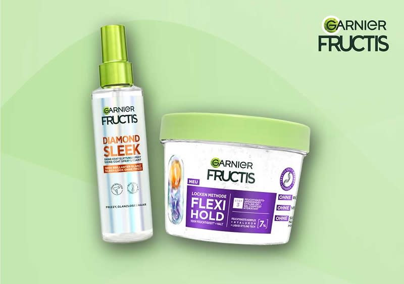Eine Garnier Fructis Produktcollage mit einem Diamond Sleek Spray und einem Flexi Hold Gel.