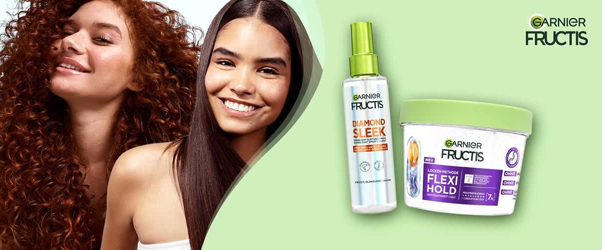 Eine Garnier Fructis Produktcollage mit einem Diamond Sleek Spray und einem Flexi Hold Gel.