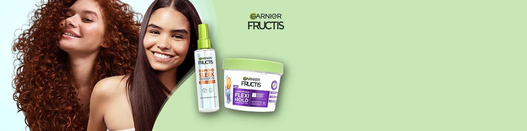 Eine Garnier Fructis Produktcollage mit einem Diamond Sleek Spray und einer Flexi Hold Lockencreme.