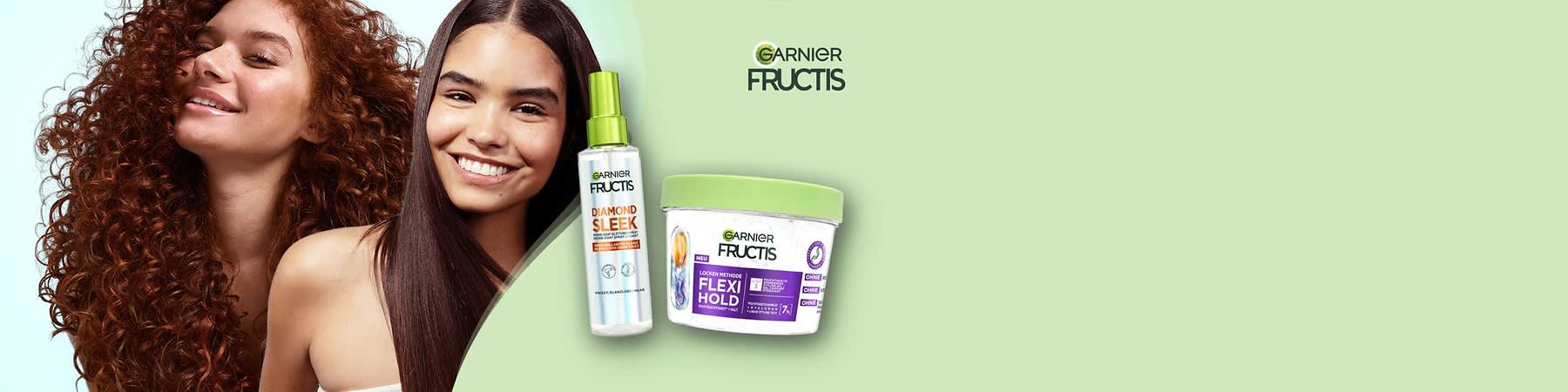 Eine Garnier Fructis Produktcollage mit einem Diamond Sleek Spray und einer Flexi Hold Lockencreme.