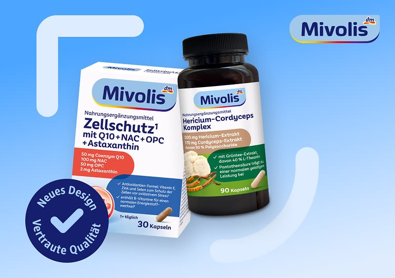 Eine Packung Mivolis Zellschutz mit Q10, NAC, OPC und Astaxanthin, daneben eine Flasche Mivolis Hericium-Cordyceps Komplex mit 90 Kapseln. Text auf der Packung: „Neues Design, Vertraute Qualität“