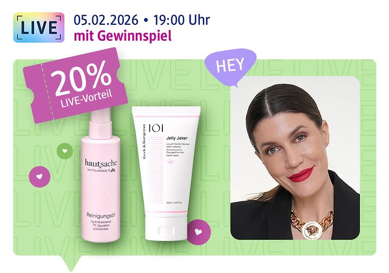 Live am 05.02.2026, 19:00 Uhr: Moderatorin fraubeauty lächelt in die Kamera, daneben Geek&Gorgeous Waschgel Jelly Joker und das hautsache Reinigungsöl sowie der Hinweis auf ein Gewinnspiel