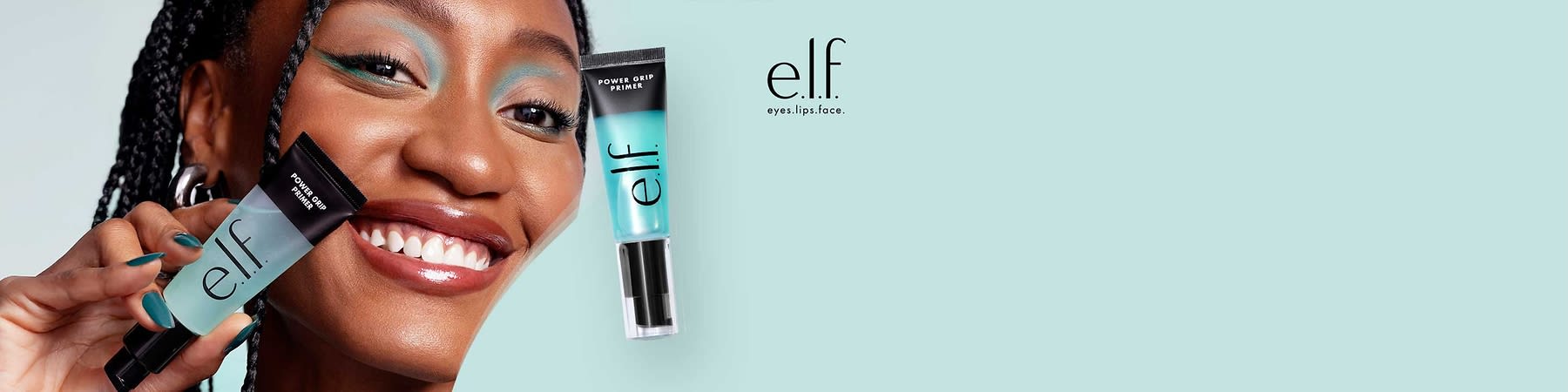 Eine Tube des e.l.f. Power Grip Primers auf einem hellblauen Hintergrund mit dem e.l.f.-Logo und dem Schriftzug „eyes.lips.face“ oben rechts