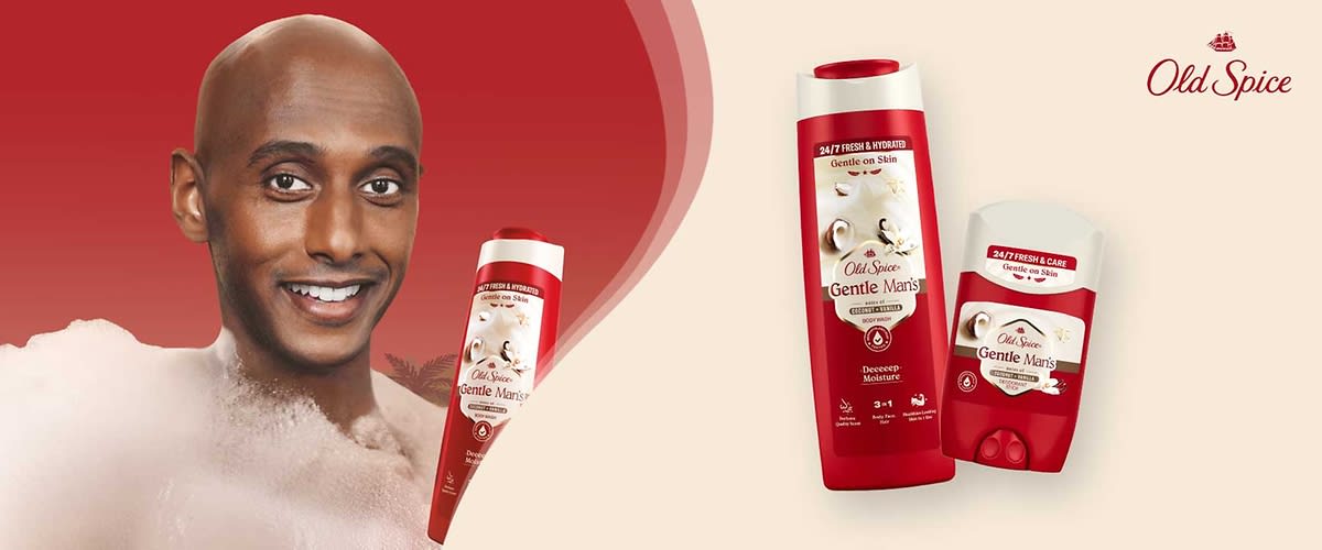 Eine rote Shampoo-Flasche und ein rotes Deodorant von Old Spice mit der Aufschrift „Gentle Man's“ und „24/7 Fresh & Hydrated“ auf der Flasche sowie „24/7 Fresh & Care“ auf dem Deodorant.