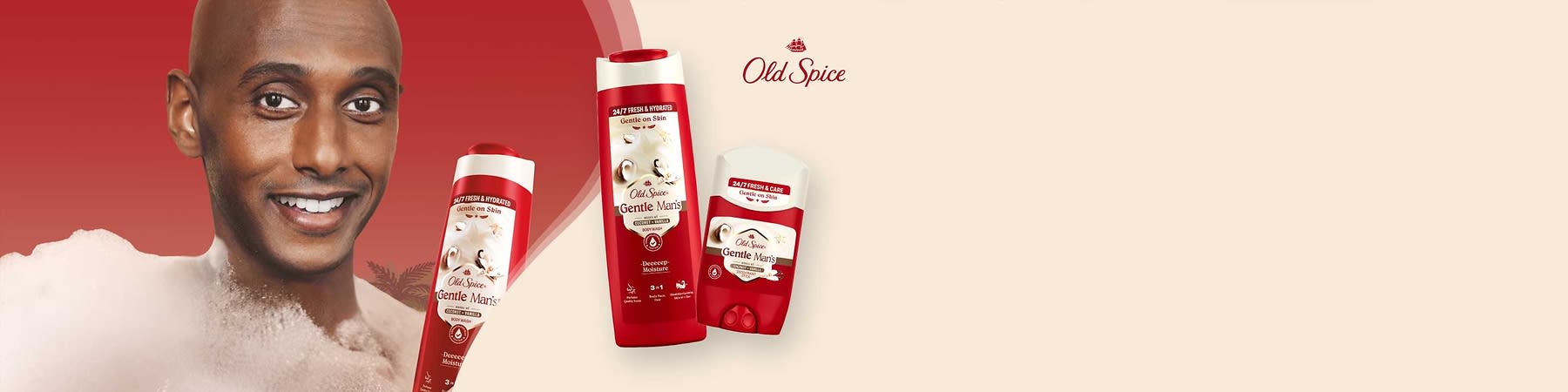 Eine rote Flasche Duschgel und ein roter Deostick der Marke Old Spice mit der Aufschrift „Gentle Man's“. Beide Produkte zeigen ein Bild von Muscheln und tragen den Hinweis „Gentle on Skin“. Oben rechts das Logo von Old Spice.