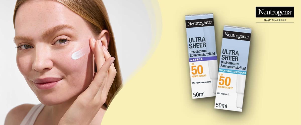 Zwei Verpackungen von Neutrogena Ultra Sheer Sonnenschutzfluid mit LSF 50, eine Sorte "Age Shield" und die andere Sorte "Feuchtigkeitsspendend", jeweils 50 ml.