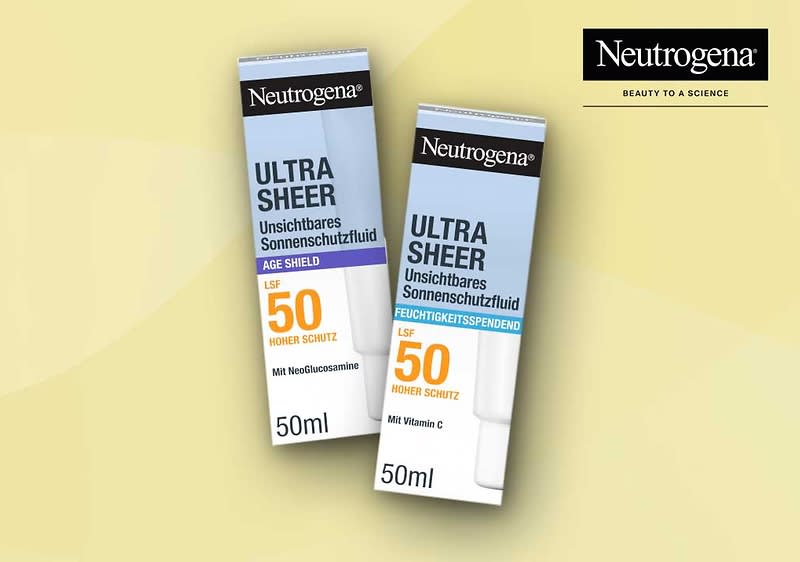 Zwei Verpackungen von Neutrogena Ultra Sheer Sonnenschutzfluid mit LSF 50, eine Sorte "Age Shield" und die andere Sorte "Feuchtigkeitsspendend", jeweils 50 ml.
