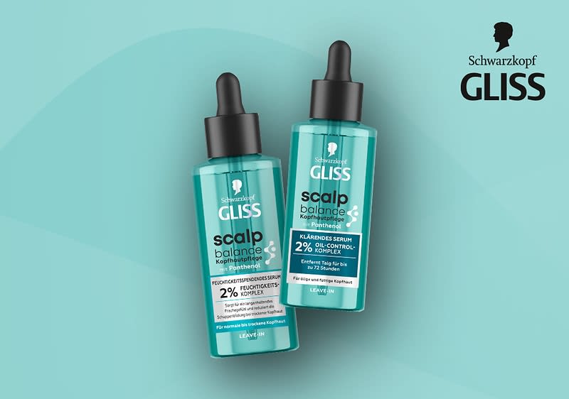 Zwei Flaschen des Schwarzkopf GLISS Scalp Balance Serums mit Pipette auf türkisfarbenem Hintergrund, eine Flasche liegt leicht schräg. Aufschrift: „Klarendes Serum 2% Oil-Control-Komplex“. Rotes „NEU“-Label oben rechts. In der Ecke ist noch das Schwarzkopf GLISS Logo zu sehen.