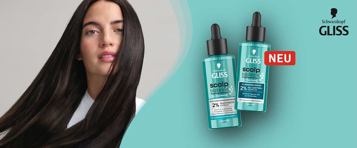 Zwei Flaschen des Schwarzkopf GLISS Scalp Balance Serums mit Pipette auf türkisfarbenem Hintergrund, eine Flasche liegt leicht schräg. Aufschrift: „Klarendes Serum 2% Oil-Control-Komplex“. Rotes „NEU“-Label oben rechts. In der Ecke ist noch das Schwarzkopf GLISS Logo zu sehen.