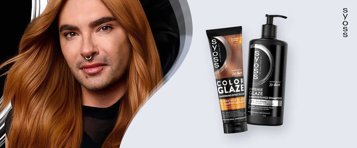 Eine schwarze Tube und eine schwarze Flasche der Marke Syoss stehen nebeneinander. Die Tube trägt die Aufschrift „Color Glaze“ und die Flasche „Intense Glaze“. Beide Produkte sind für glänzendes Haar und enthalten die Aufschrift „Intensiver Glanz“ sowie „Salon-Glanz-Effekt“.