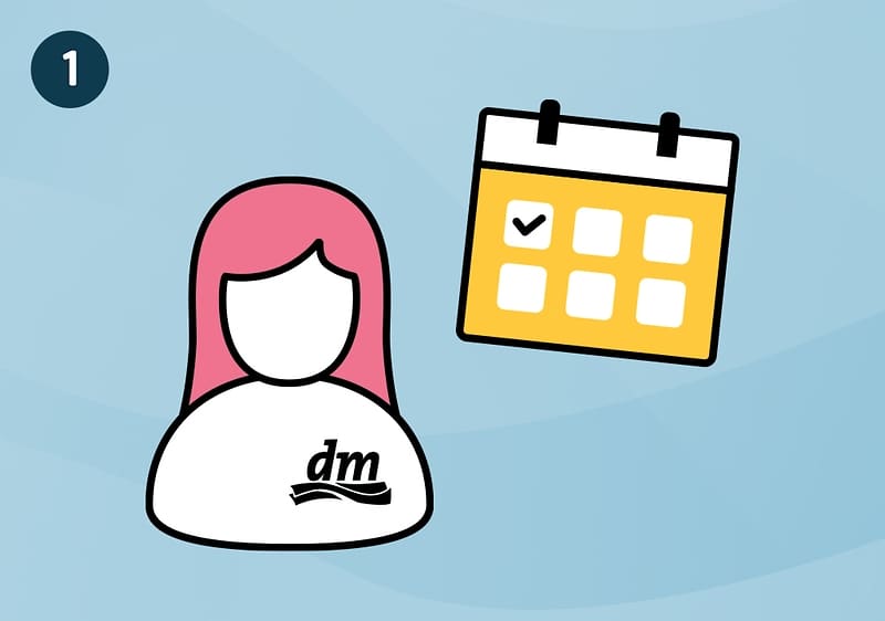 Eine Illustration zeigt eine Person mit rosa Haaren und ein gelbes Kalenderblatt mit einem Häkchen. Auf der Kleidung der Person ist das dm-Logo zu sehen