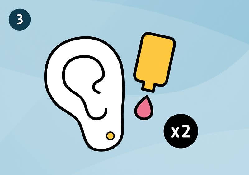 Eine Illustration zeigt ein Ohr, eine gelbe Flasche mit einem roten Tropfen und die Zahl „3“ in der oberen Ecke sowie „x2“ in einem schwarzen Kreis.